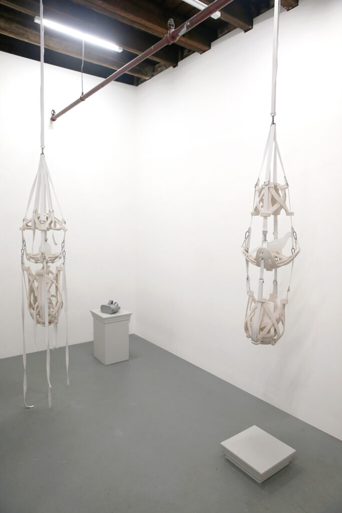 My Heart is not a Clock, 2024, ceramics, paraffin wax, silicone, cotton webbing straps, infrared heat emitter, cable, fasteners, 360 video, 5.7K, 5:28 min